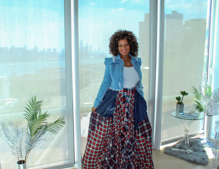 Denim and plaid maxi cheap skirt